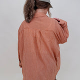 Merritt Oversized Button Up Top in rust micro-check with a collared button front — Paper Doll
