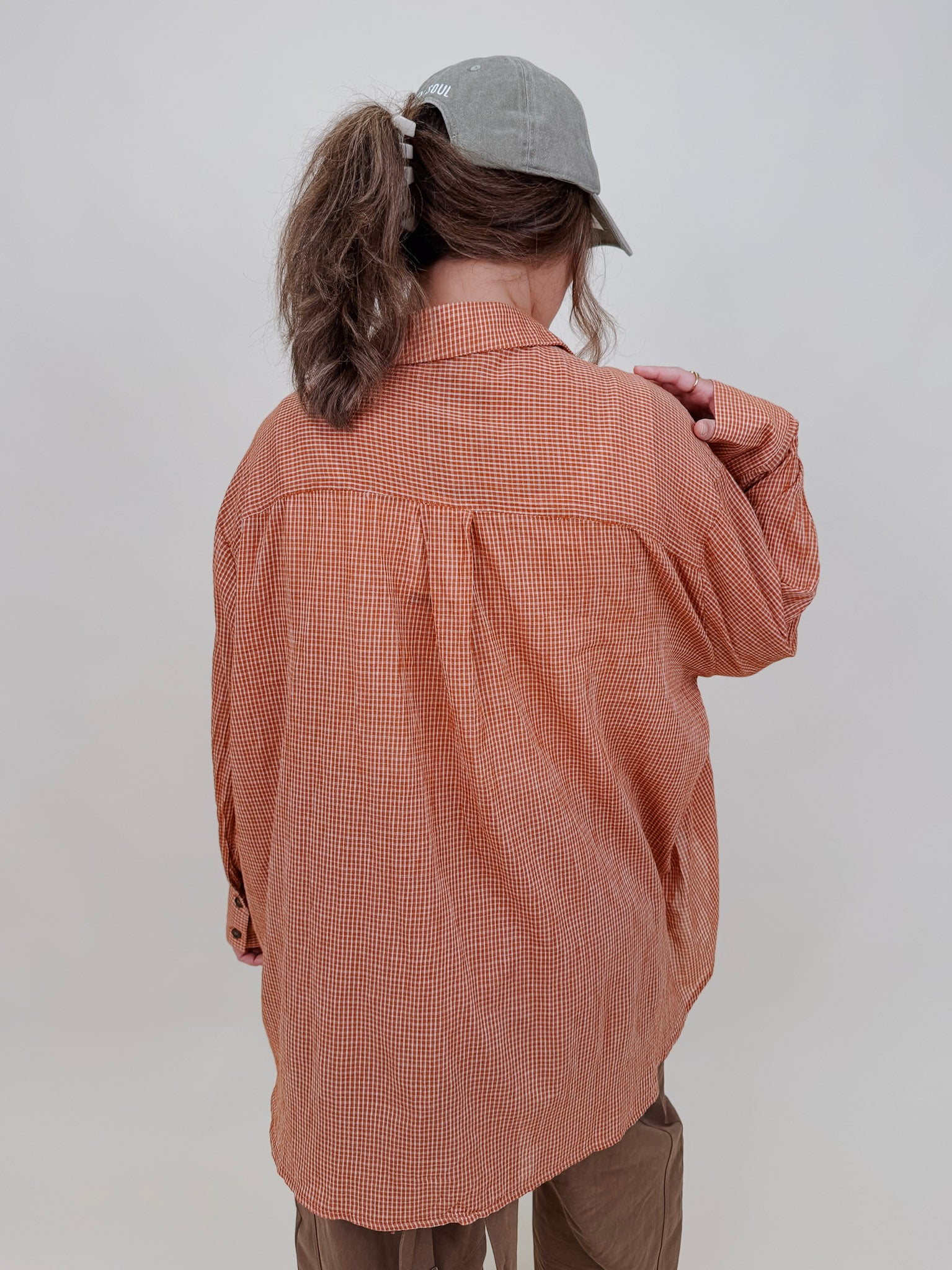 Merritt Oversized Button Up Top in rust micro-check with a collared button front — Paper Doll
