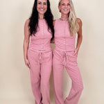 Hartley Striped Tank & Pant Set in pink and red stripe with button up front top and drawstring waist — Paper Doll