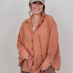 Merritt Oversized Button Up Top in rust micro-check with a collared button front — Paper Doll
