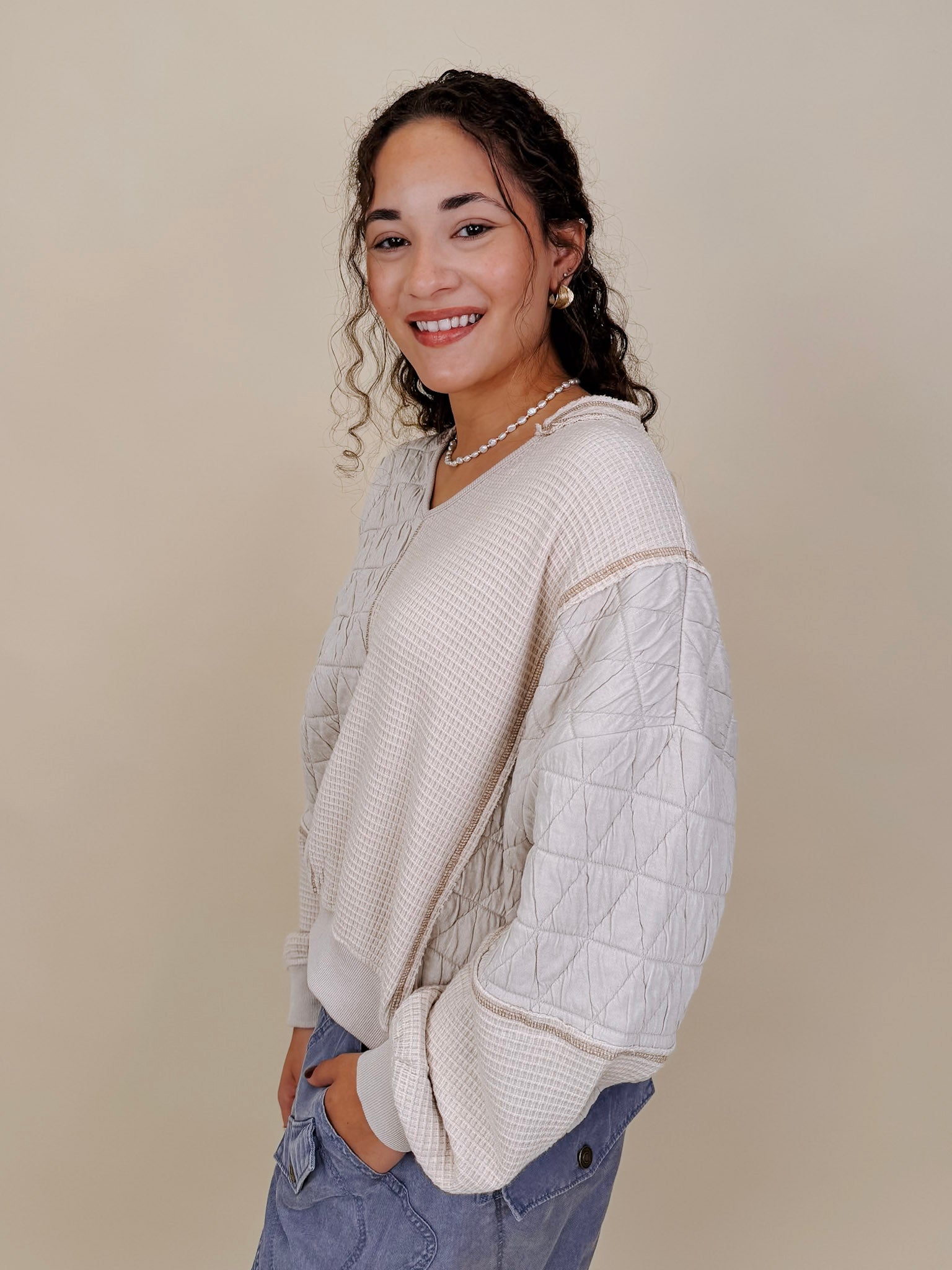 Jasmine Knit Top in oatmeal with diamond quilted and waffle knit panels — Paper Doll