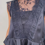 So Long London Blouse in black satin with lace bib and ruffle peplum hem — Paper Doll