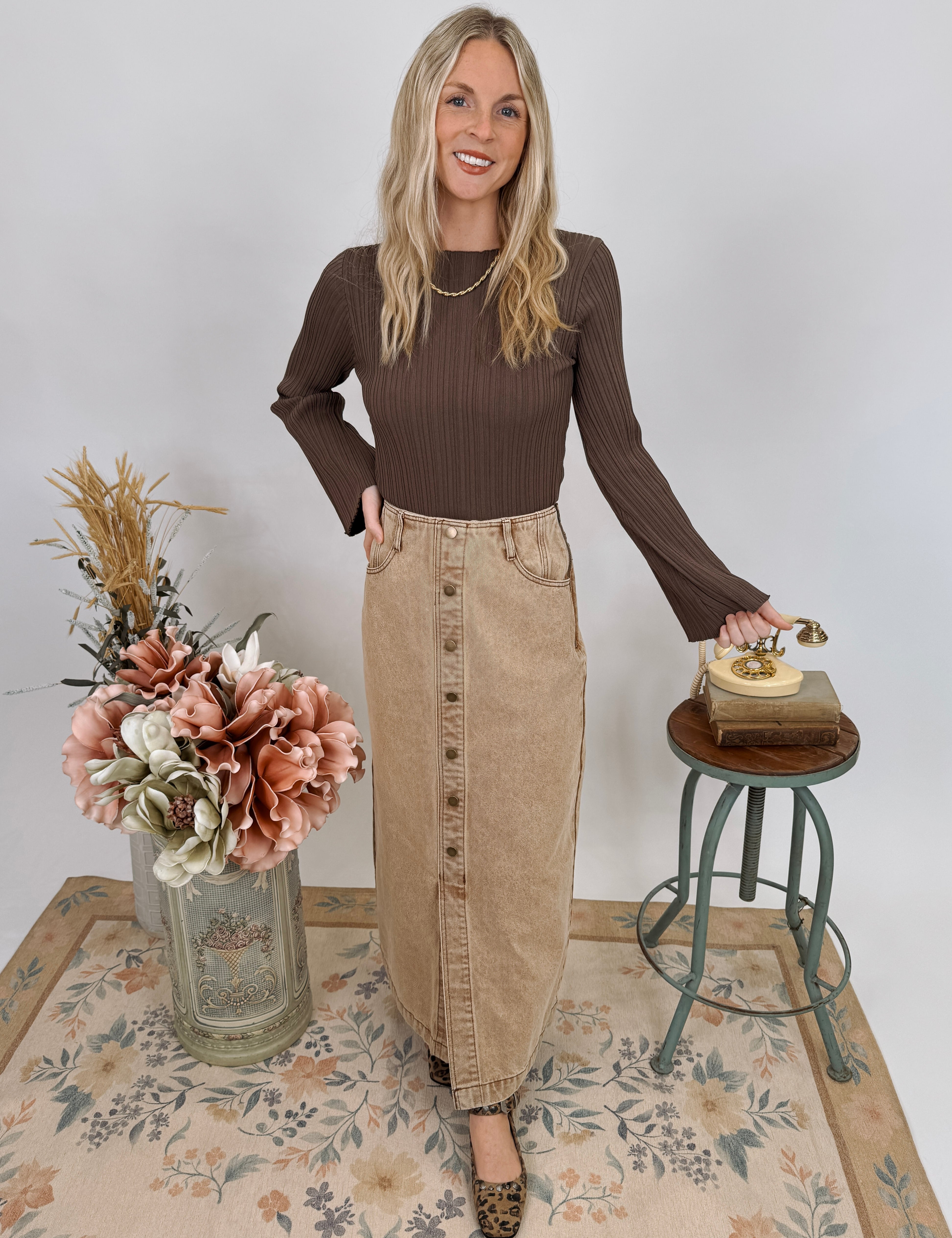 Stacy Button Front Washed Skirt