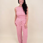 Hartley Striped Tank & Pant Set in pink and red stripe with button up front top and drawstring waist — Paper Doll