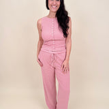 Hartley Striped Tank & Pant Set in pink and red stripe with button up front top and drawstring waist — Paper Doll