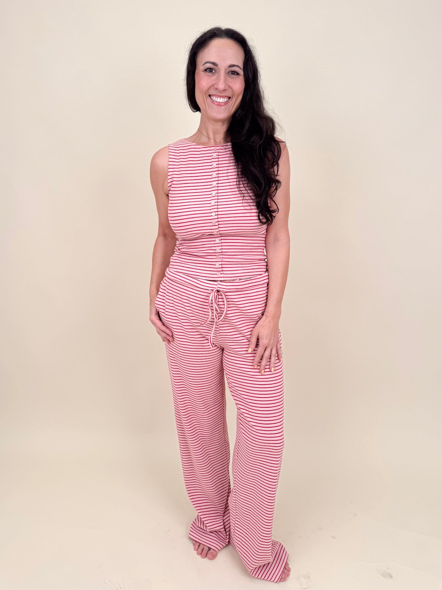 Hartley Striped Tank & Pant Set in pink and red stripe with button up front top and drawstring waist — Paper Doll