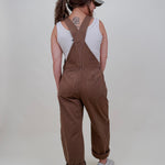 Annabelle Barrel Overalls in mocha brown cotton with adjustable straps — Paper Doll