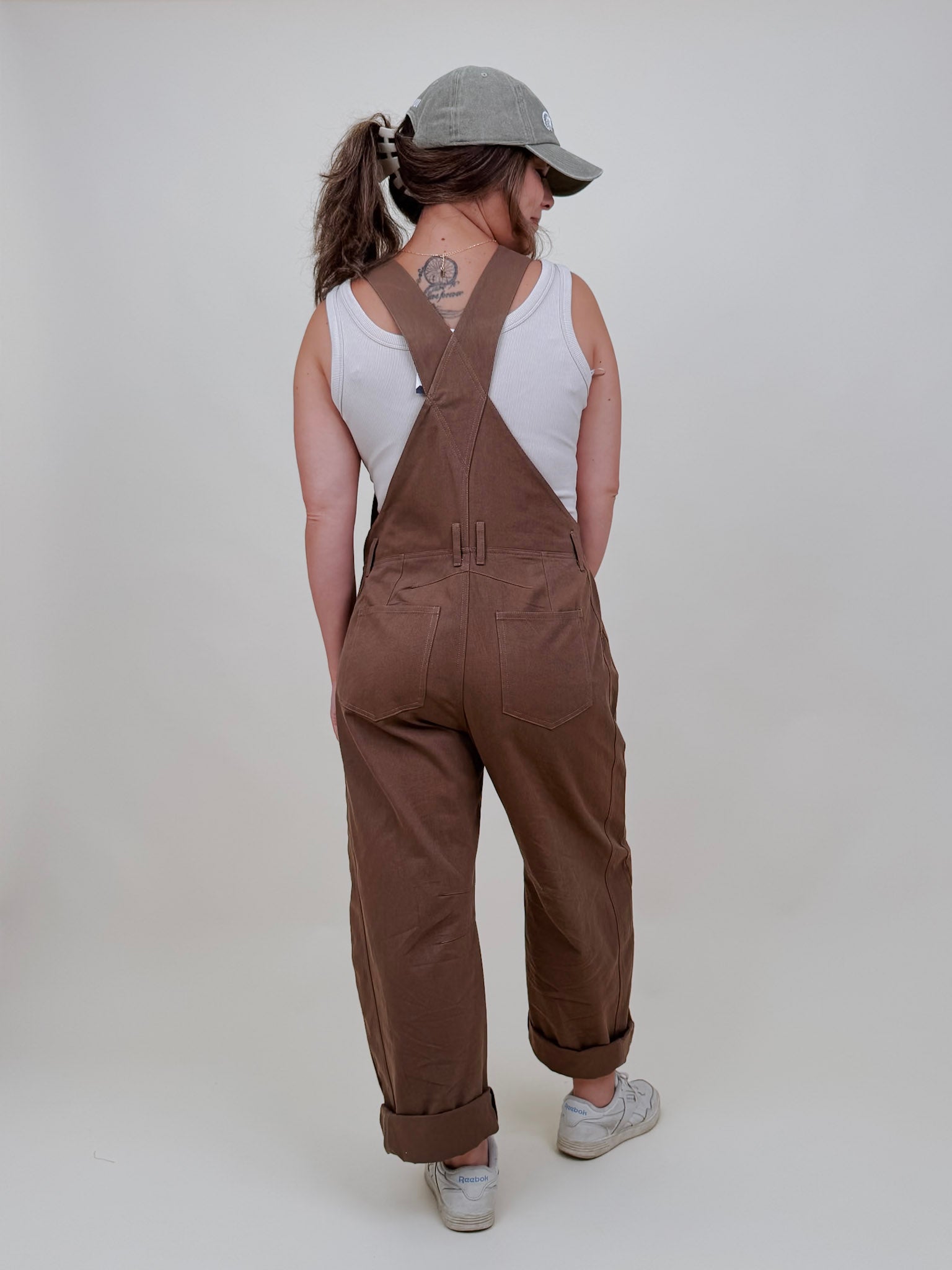 Annabelle Barrel Overalls in mocha brown cotton with adjustable straps — Paper Doll