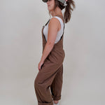 Annabelle Barrel Overalls in mocha brown cotton with adjustable straps — Paper Doll
