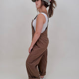Annabelle Barrel Overalls in mocha brown cotton with adjustable straps — Paper Doll