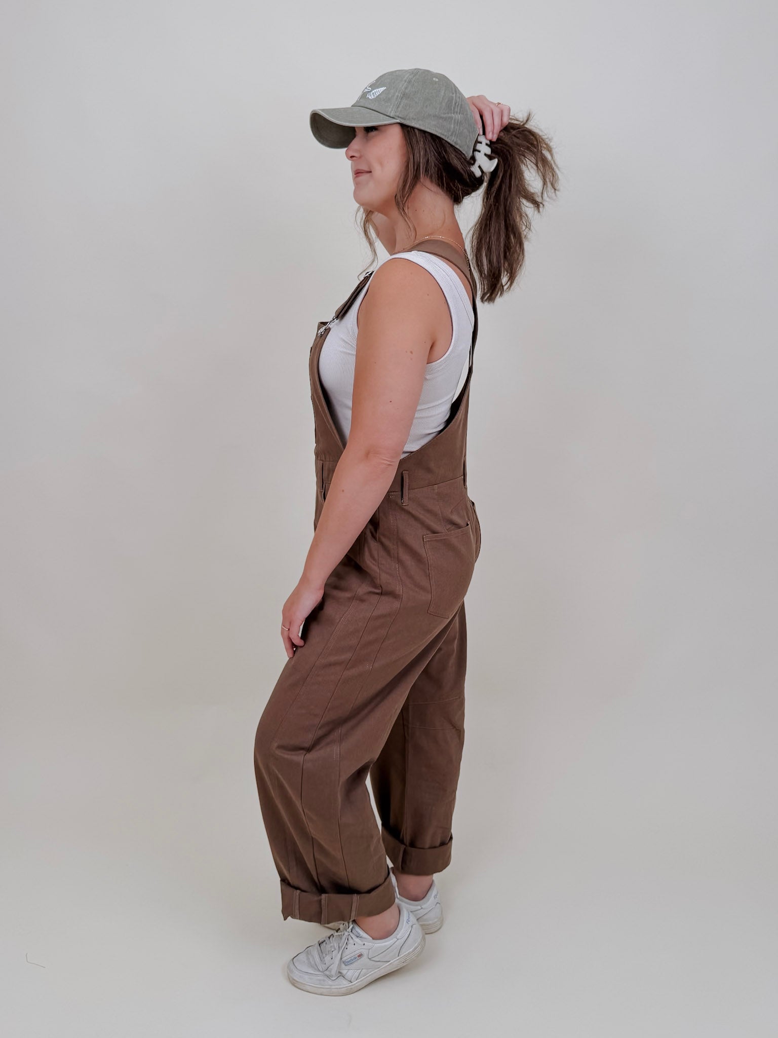Annabelle Barrel Overalls in mocha brown cotton with adjustable straps — Paper Doll