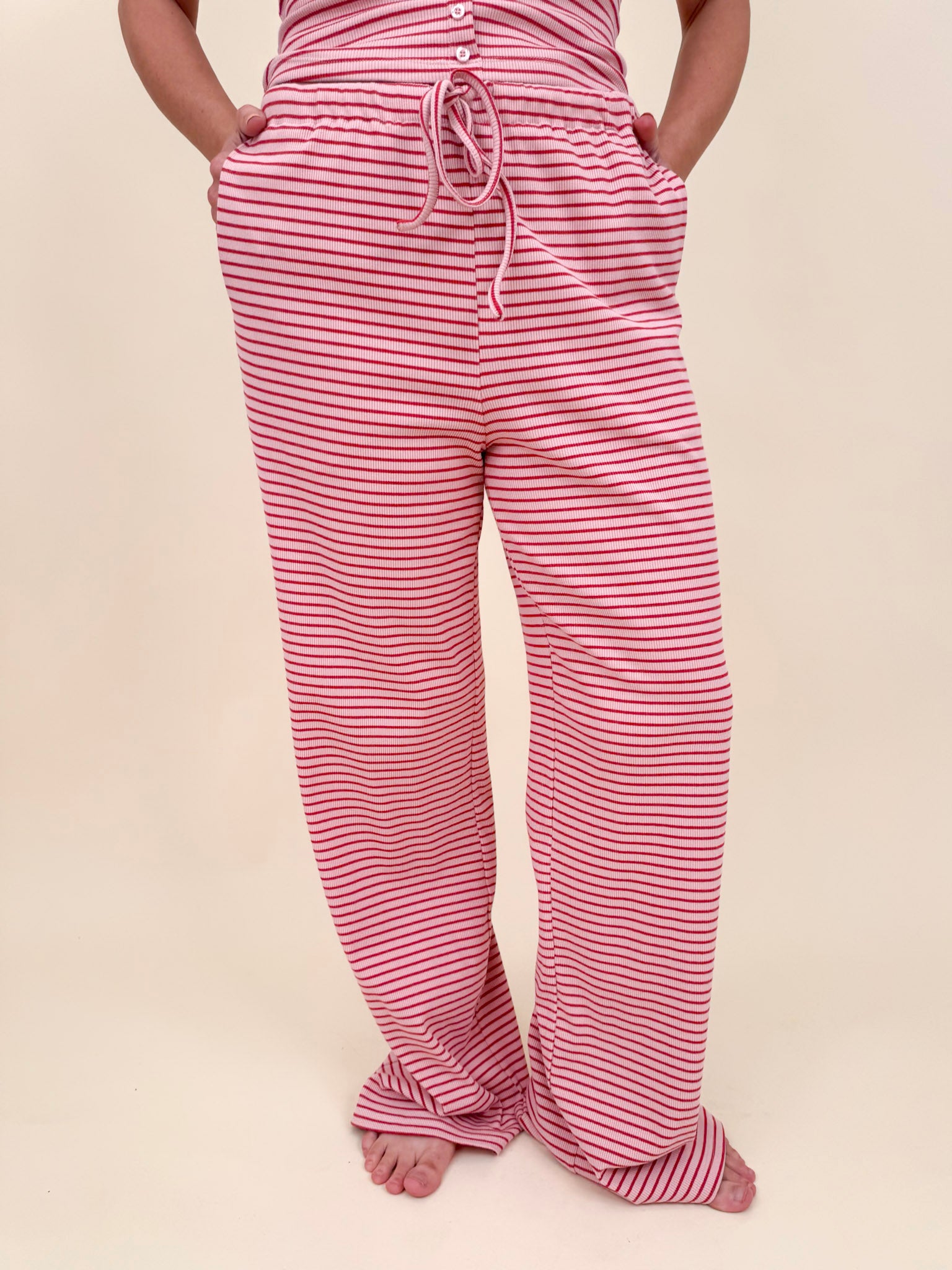 Hartley Striped Tank & Pant Set in pink and red stripe with button up front top and drawstring waist — Paper Doll