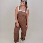 Annabelle Barrel Overalls in mocha brown cotton with adjustable straps — Paper Doll