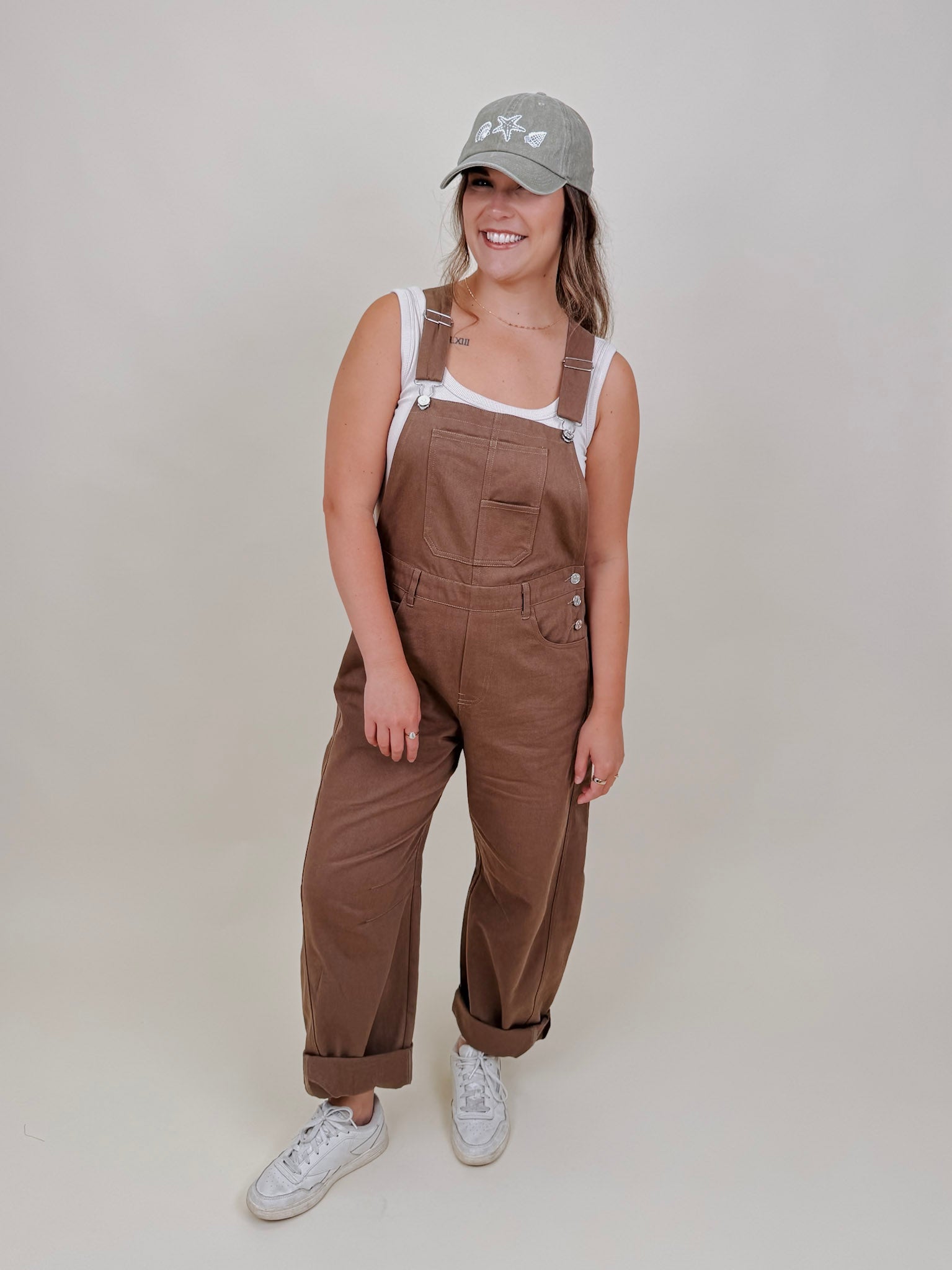 Annabelle Barrel Overalls in mocha brown cotton with adjustable straps — Paper Doll