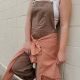 Annabelle Barrel Overalls in mocha brown cotton with adjustable straps — Paper Doll