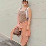 Annabelle Barrel Overalls in mocha brown cotton with adjustable straps — Paper Doll