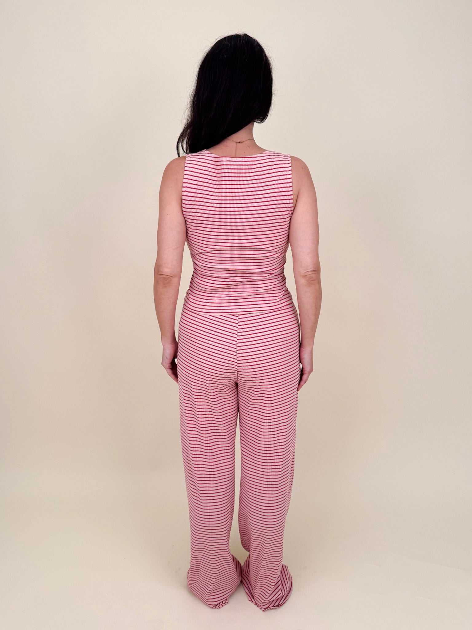 Hartley Striped Tank & Pant Set in pink and red stripe with button up front top and drawstring waist — Paper Doll