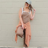 Annabelle Barrel Overalls in mocha brown cotton with adjustable straps — Paper Doll