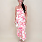 Dahlia Floral Midi Dress with pink and peach watercolor floral print and smocked body — Paper Doll