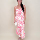 Dahlia Floral Midi Dress with pink and peach watercolor floral print and smocked body — Paper Doll