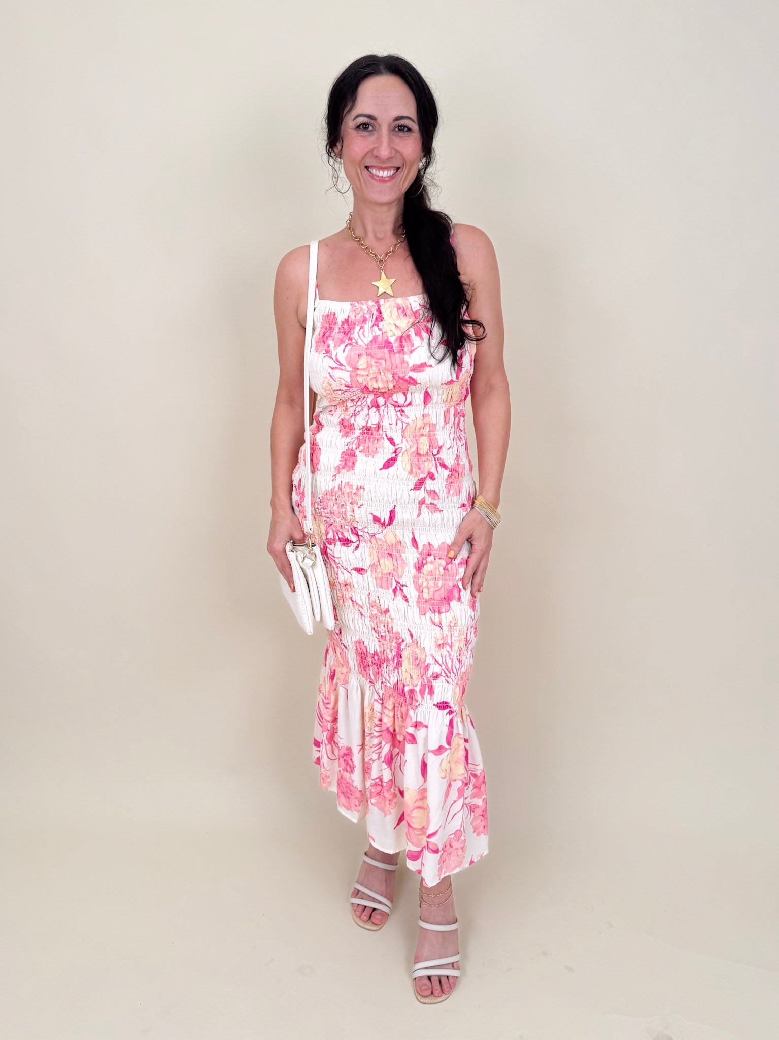 Dahlia Floral Midi Dress with pink and peach watercolor floral print and smocked body — Paper Doll
