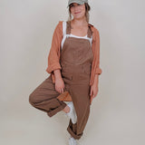 Annabelle Barrel Overalls in mocha brown cotton with adjustable straps — Paper Doll
