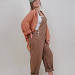 Annabelle Barrel Overalls in mocha brown cotton with adjustable straps — Paper Doll
