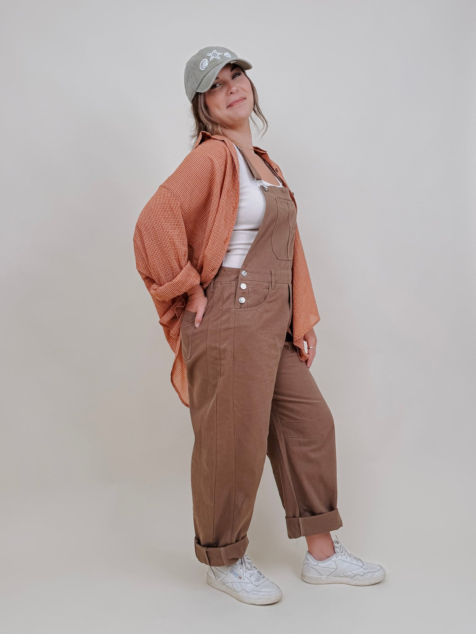 Annabelle Barrel Overalls in mocha brown cotton with adjustable straps — Paper Doll