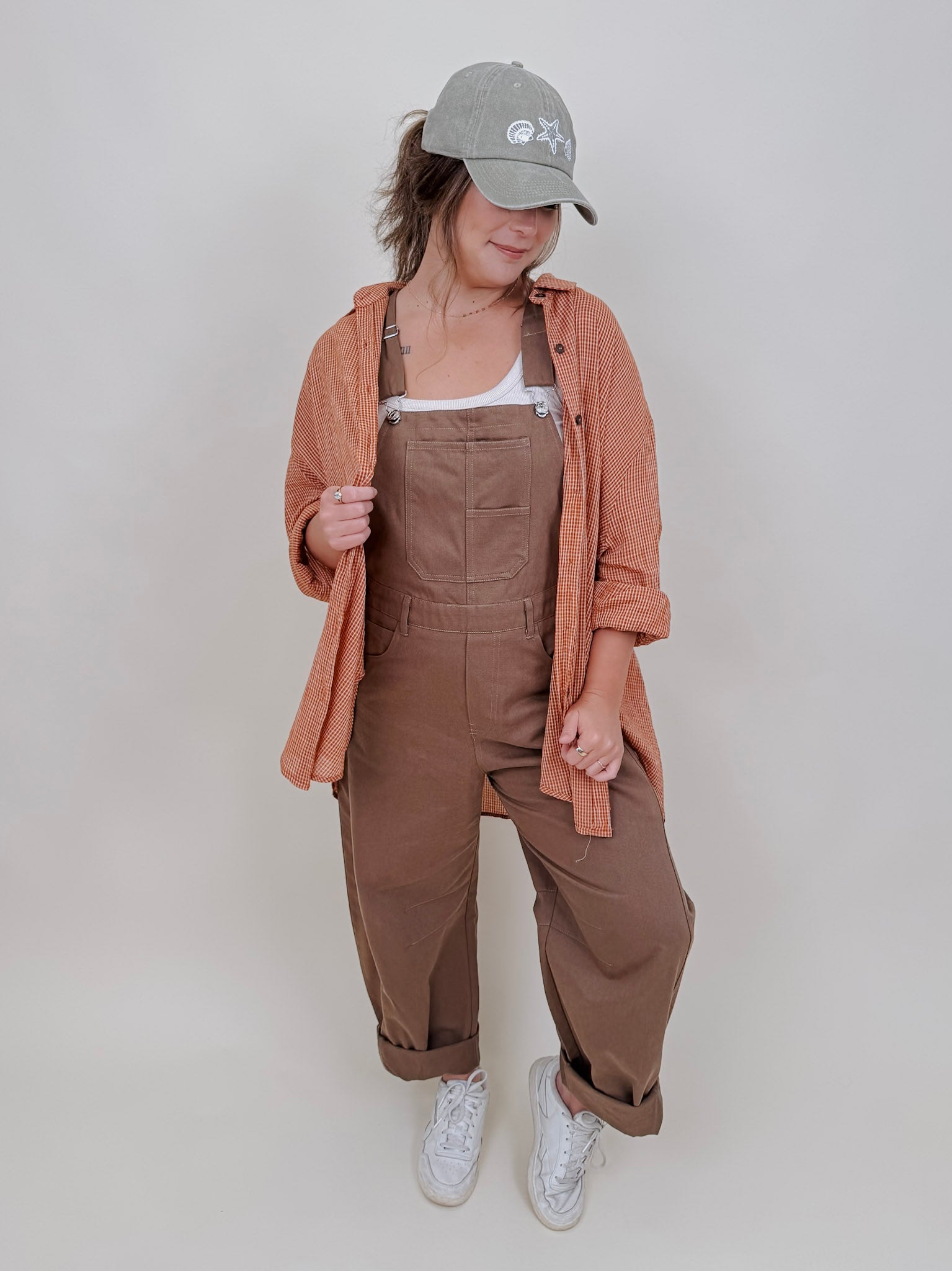 Merritt Oversized Button Up Top in rust micro-check with a collared button front — Paper Doll
