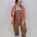 Annabelle Barrel Overalls in mocha brown cotton with adjustable straps — Paper Doll