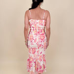 Dahlia Floral Midi Dress with pink and peach watercolor floral print and smocked body — Paper Doll