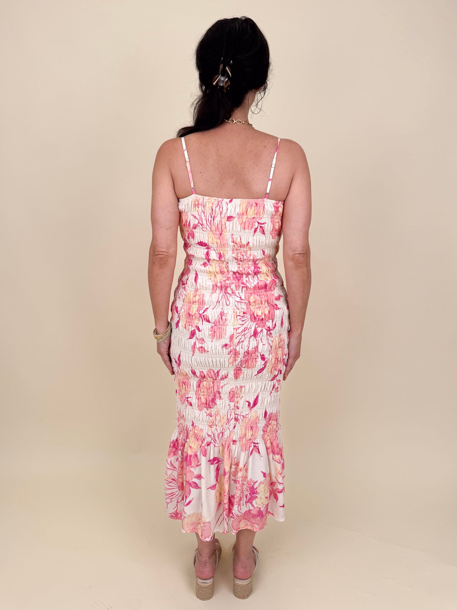Dahlia Floral Midi Dress with pink and peach watercolor floral print and smocked body — Paper Doll