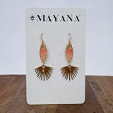 Cotton Candy Dangle Earrings with peach and gold beadwork and a gold fan charm — Paper Doll