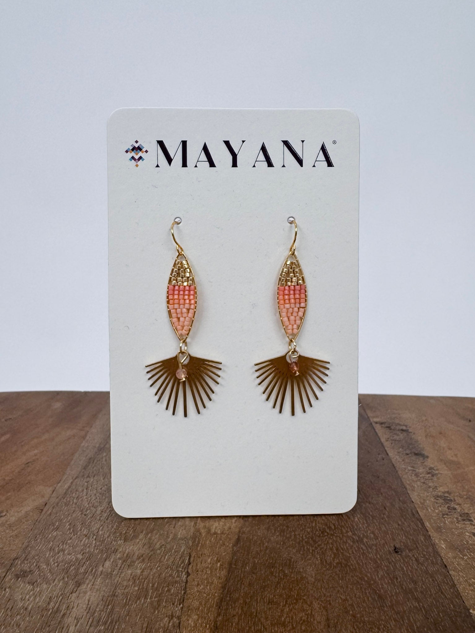 Cotton Candy Dangle Earrings with peach and gold beadwork and a gold fan charm — Paper Doll