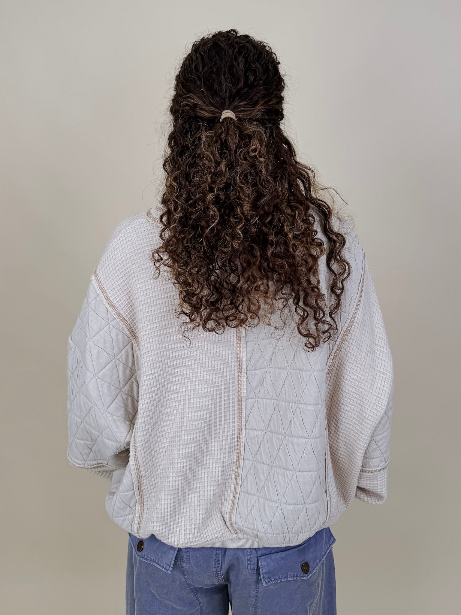 Jasmine Knit Top in oatmeal with diamond quilted and waffle knit panels — Paper Doll