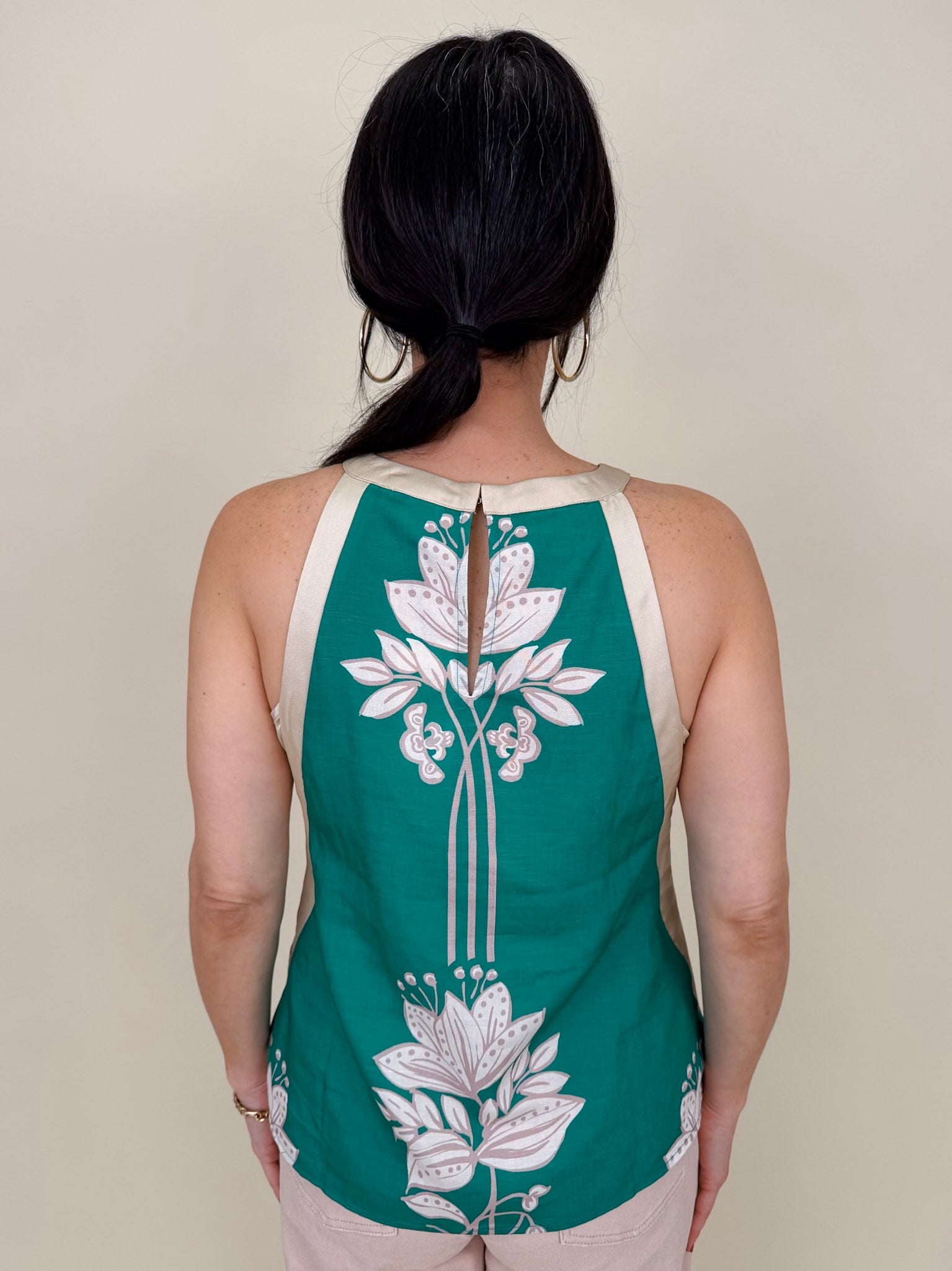 Bahama Oceans Halter Top in teal with cream botanical floral print and halter neckline — Paper Doll

