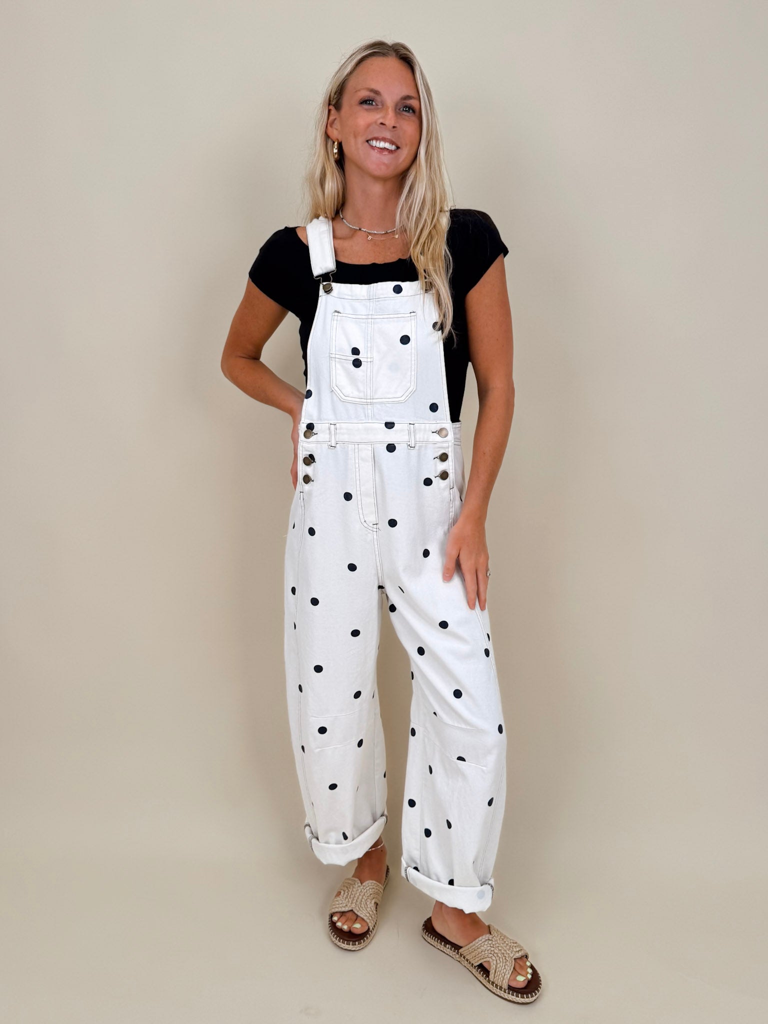 Brooke Polka Dot Overalls in cream denim with navy polka dot print and brass hardware — Paper Doll