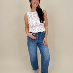Talia Polka Dot Blouse in cream with brown polka dots and smocked peplum hem — Paper Doll
