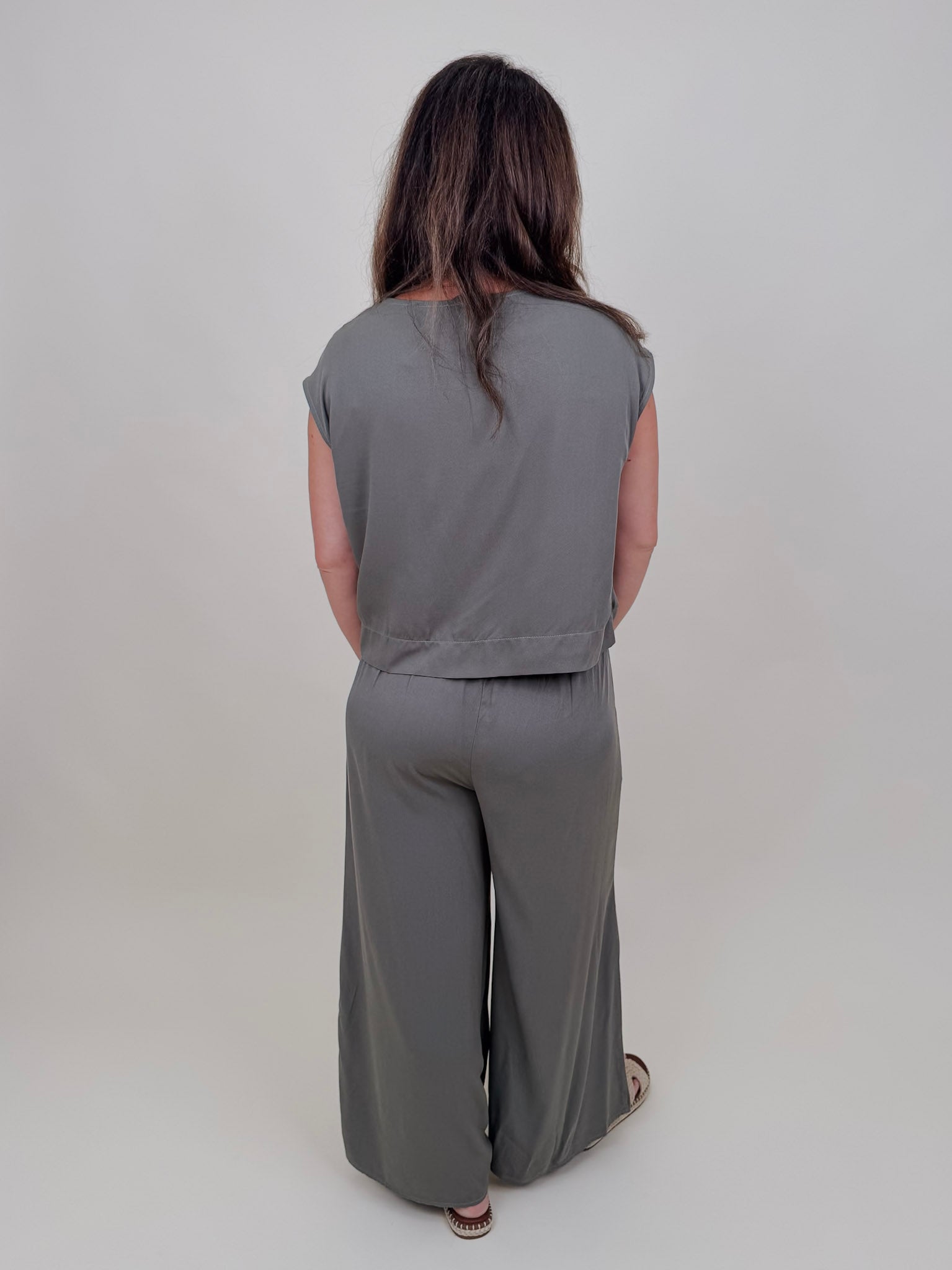 Betty Boxy Top & Wide Leg Pant Set in olive with cap sleeves and a flowing wide leg — Paper Doll
