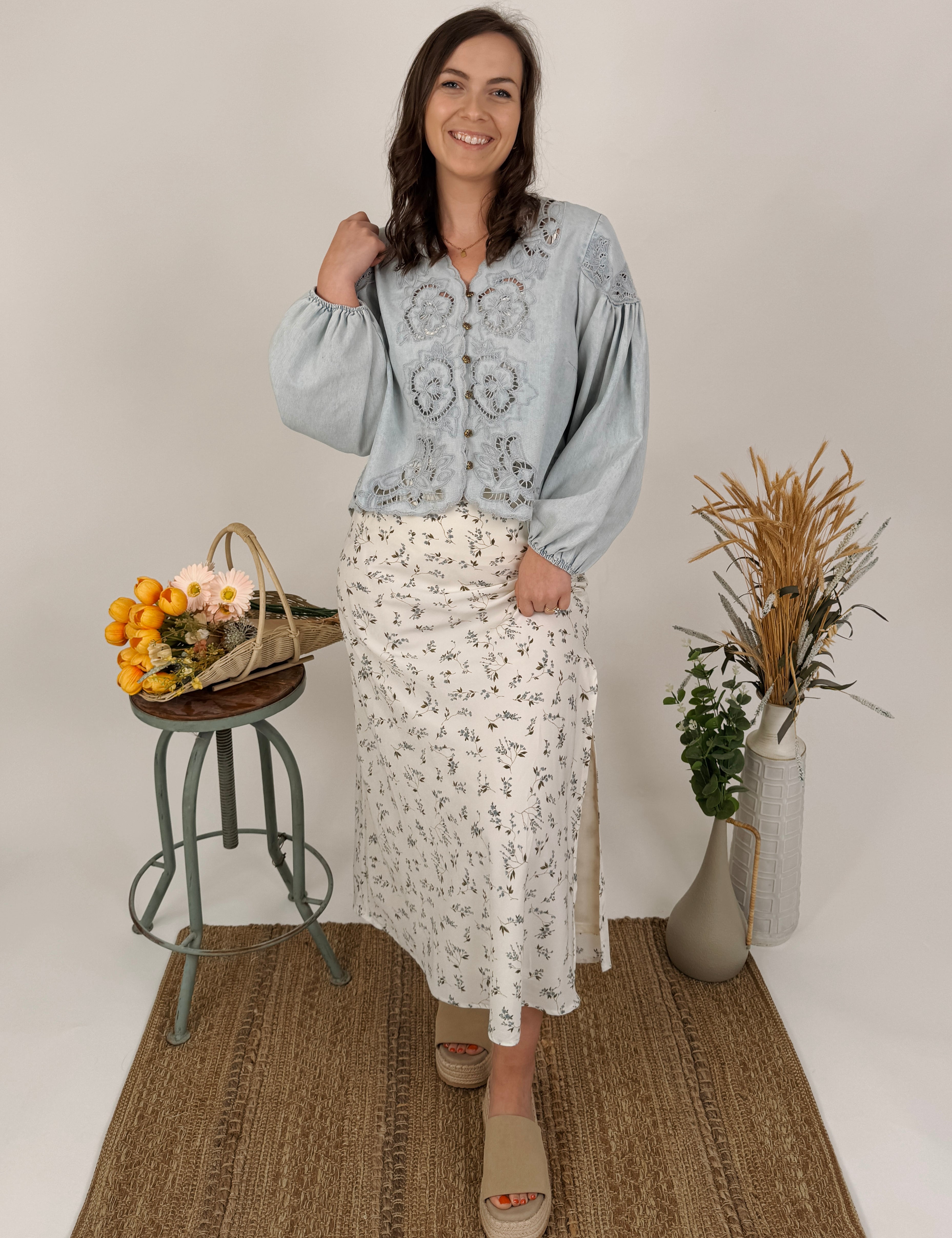 Dreaming Denim Floral Button Top