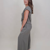 Betty Boxy Top & Wide Leg Pant Set in olive with cap sleeves and a flowing wide leg — Paper Doll
