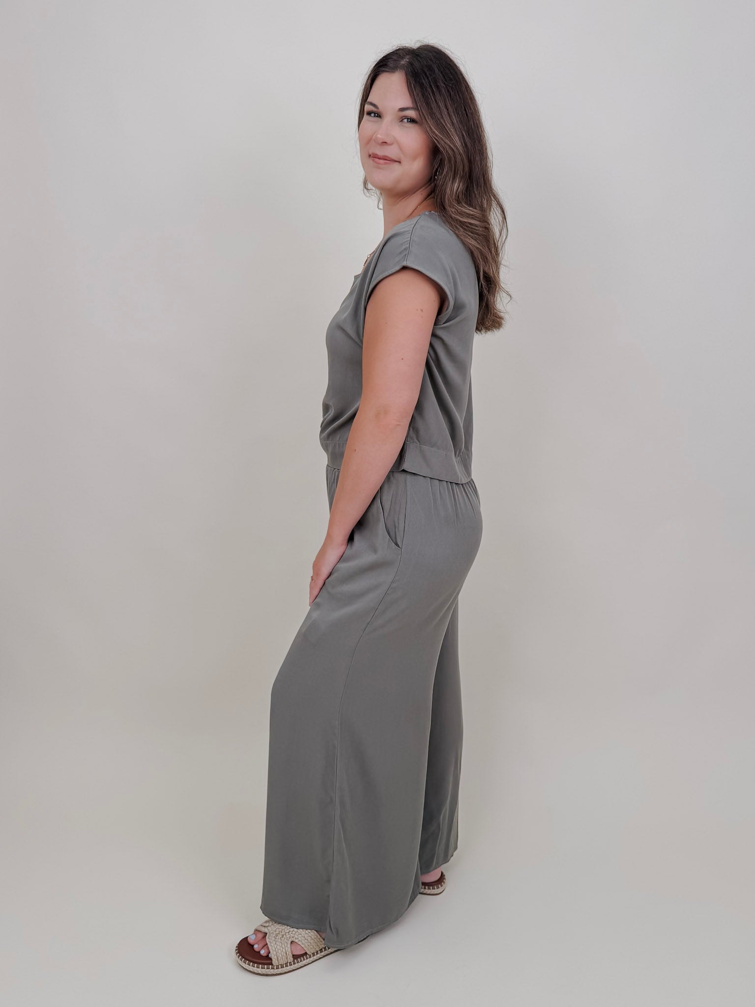 Betty Boxy Top & Wide Leg Pant Set in olive with cap sleeves and a flowing wide leg — Paper Doll
