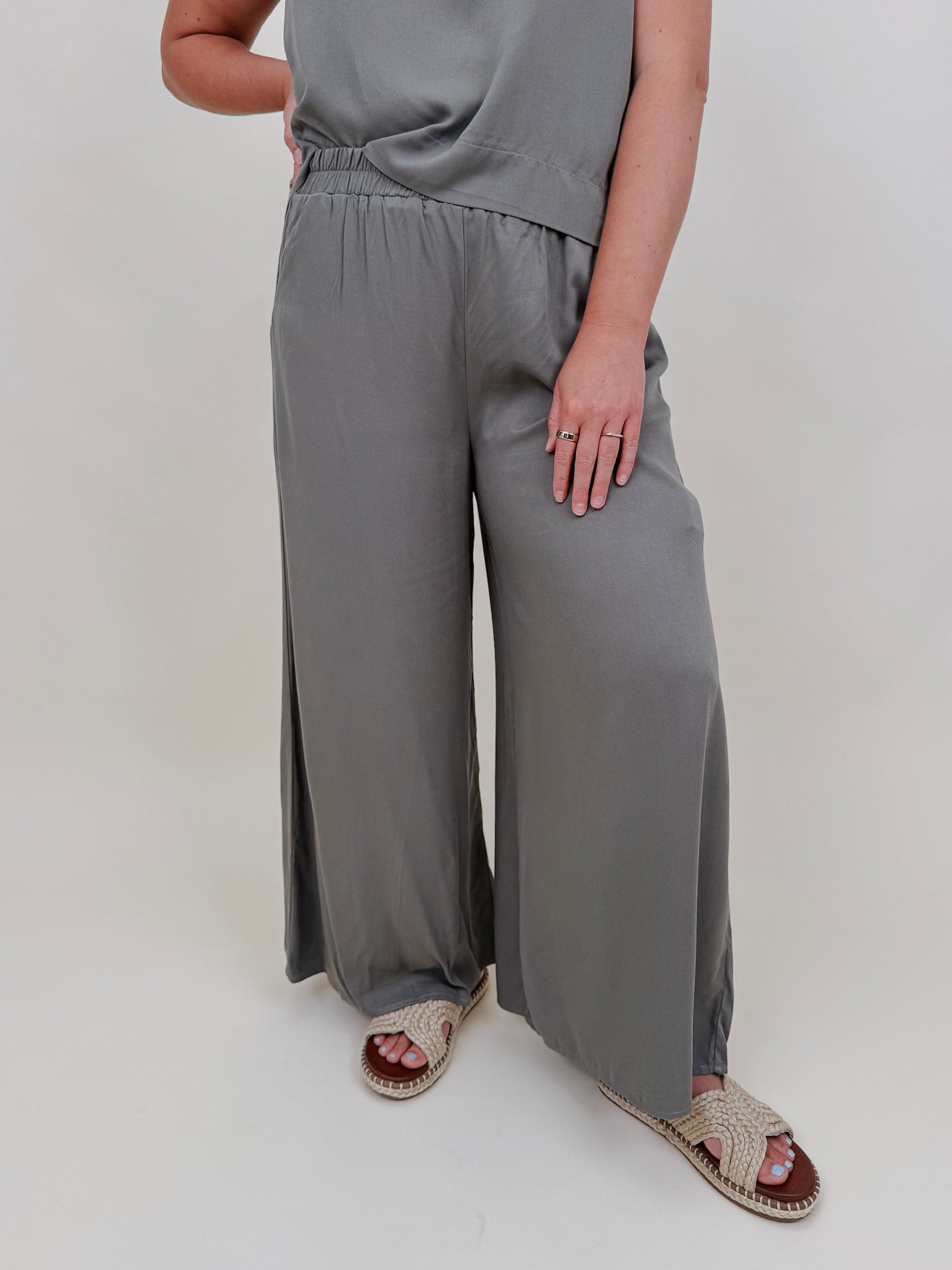 Betty Boxy Top & Wide Leg Pant Set in olive with cap sleeves and a flowing wide leg — Paper Doll
