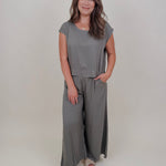Betty Boxy Top & Wide Leg Pant Set in olive with cap sleeves and a flowing wide leg — Paper Doll
