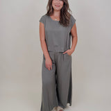 Betty Boxy Top & Wide Leg Pant Set in olive with cap sleeves and a flowing wide leg — Paper Doll
