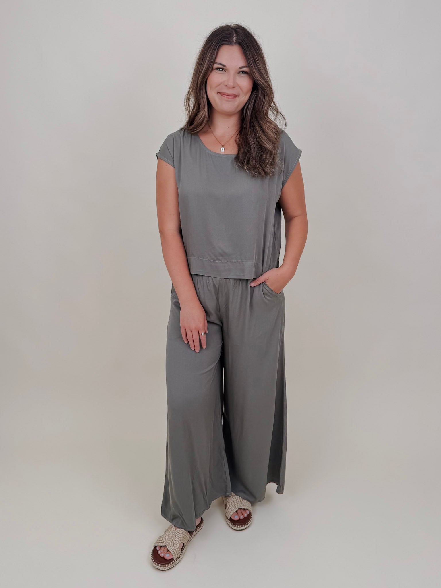 Betty Boxy Top & Wide Leg Pant Set in olive with cap sleeves and a flowing wide leg — Paper Doll
