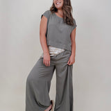 Betty Boxy Top & Wide Leg Pant Set in olive with cap sleeves and a flowing wide leg — Paper Doll
