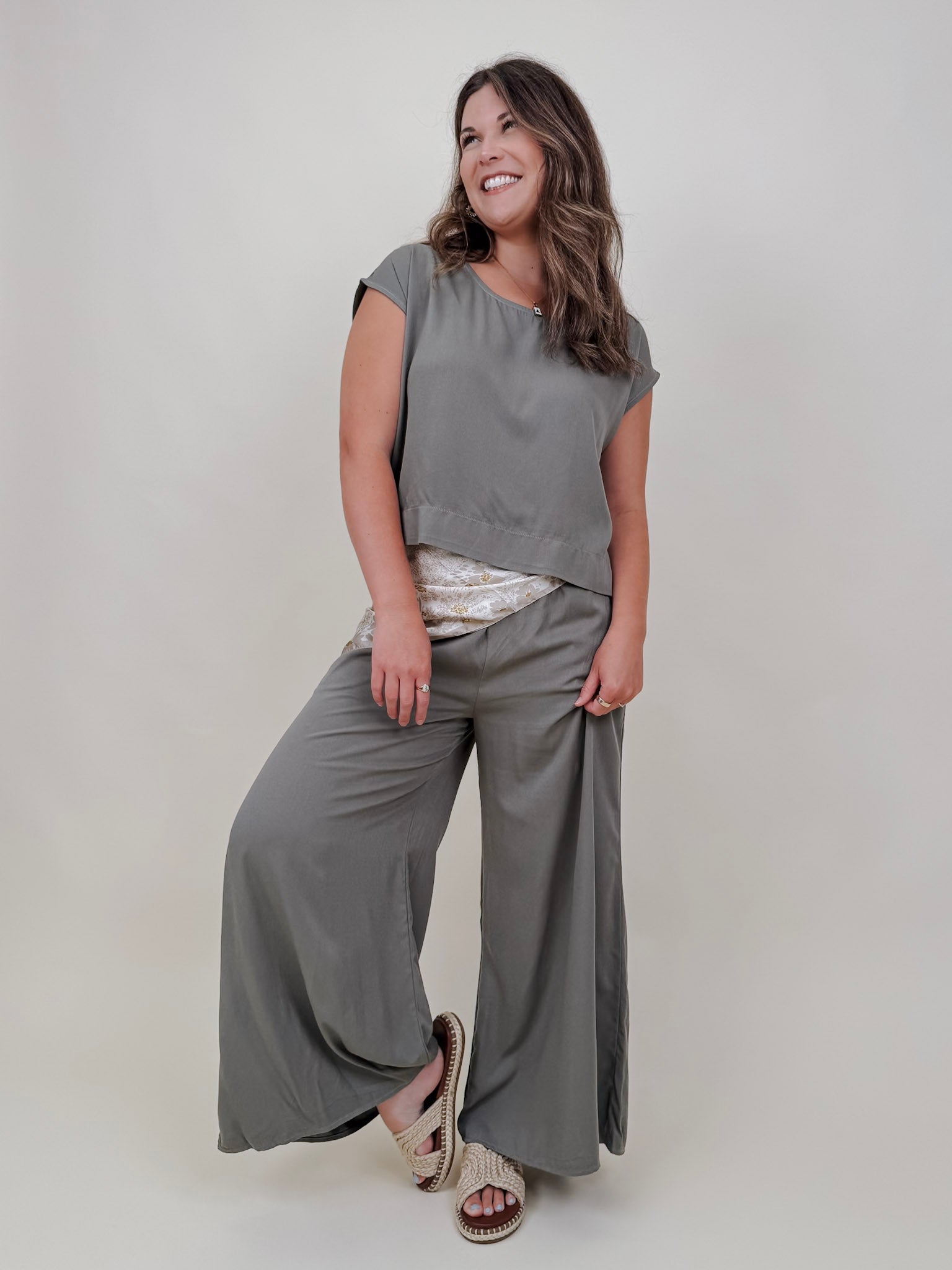Betty Boxy Top & Wide Leg Pant Set in olive with cap sleeves and a flowing wide leg — Paper Doll
