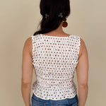 Talia Polka Dot Blouse in cream with brown polka dots and smocked peplum hem — Paper Doll