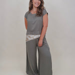 Betty Boxy Top & Wide Leg Pant Set in olive with cap sleeves and a flowing wide leg — Paper Doll
